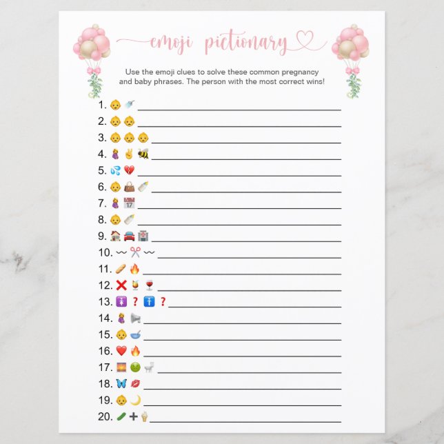 Double Sided Pink Balloons Emoji Pictionary Game (Front)