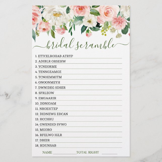 DOUBLE SIDED Pink Blush Flowers Bridal Shower Game (Front)