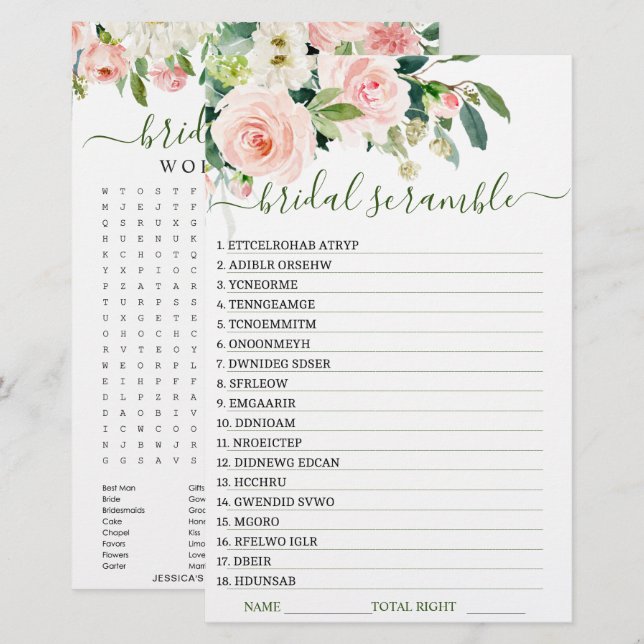 DOUBLE SIDED Pink Blush Flowers Bridal Shower Game (Front/Back)