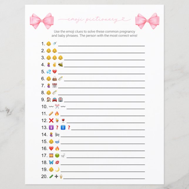 Double Sided Pink Bow Emoji Baby Shower Game Card (Front)