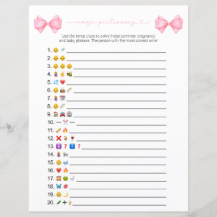 Double Sided Pink Bow Emoji Baby Shower Game Card