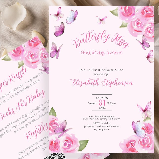 Double Sided Pink Butterfly Baby Shower Invitation (Creator Uploaded)