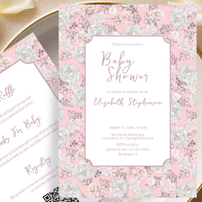 Double Sided Pink Flowers Baby Shower Invitation (Creator Uploaded)