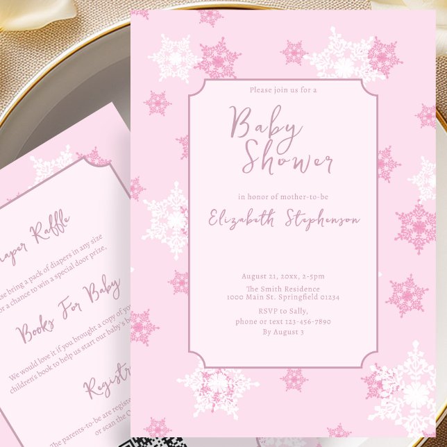 Double Sided Pink Snowflake Baby Shower Invitation (Creator Uploaded)