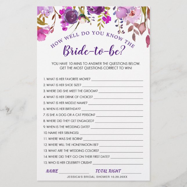 DOUBLE SIDED Purple Floral Bridal Shower Game (Front)