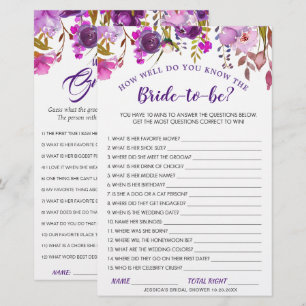 DOUBLE SIDED Purple Floral Bridal Shower Game