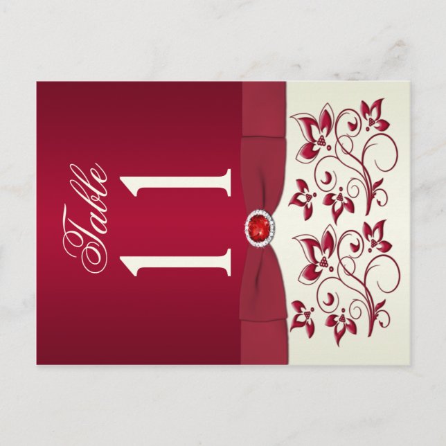 Double-sided Red and Ivory Floral Table Number Postcard (Front)