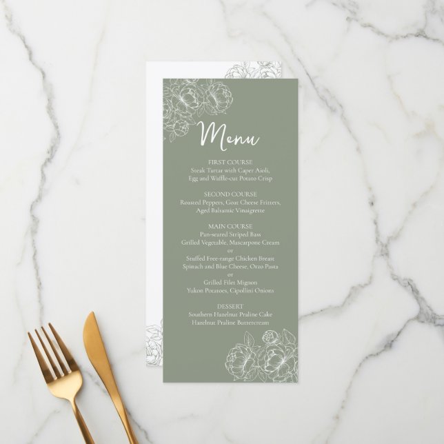 Double-Sided Sage Green Boho Floral Wedding Drink+ Menu (Front/Back In Situ)