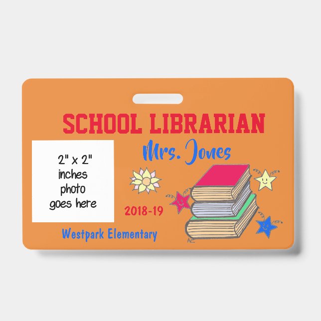 Double-sided school librarian ID badge (Front)
