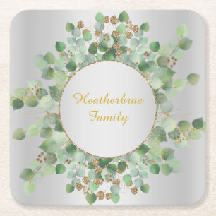 DOUBLE SIDED SILVER EUCALYPTUS BRANCH  CUTTING BOA SQUARE PAPER COASTER