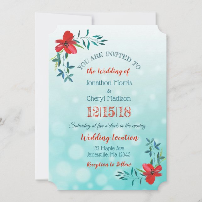 Double Sided Teal & Red Flower Wedding Invitation (Front)