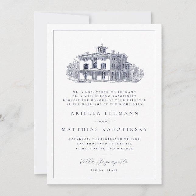 Double Sided Villa Destination Hebrew Wedding Invitation (Front)