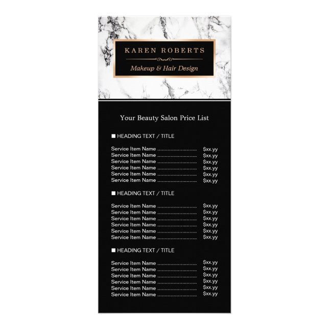 Double Sided White Marble Beauty Salon Price List Rack Card (Front)