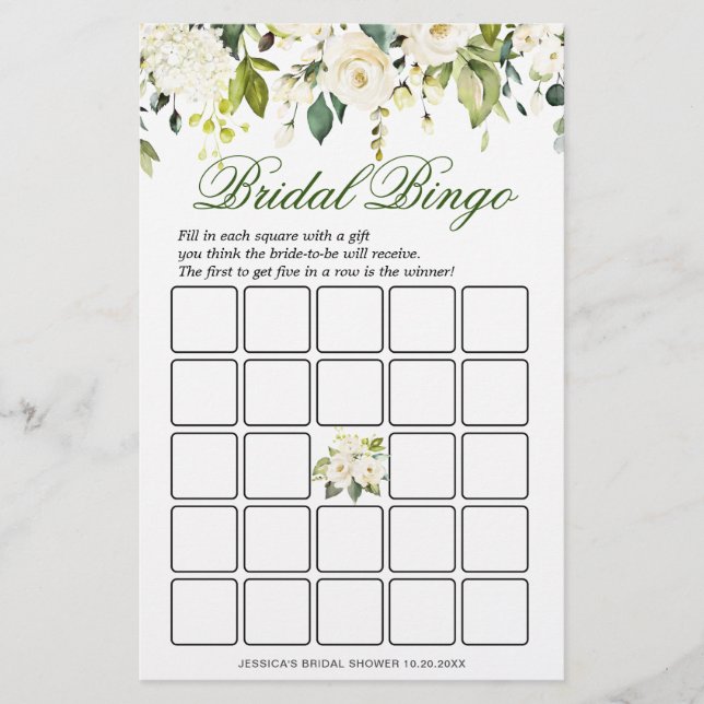 DOUBLE SIDED White Roses Floral Bridal Shower Game (Front)