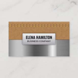 Double Stitched Tan Leather Metallic Brushed Business Card
