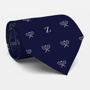 Double Tennis Rackets Ball Monogram Initial Blue Tie