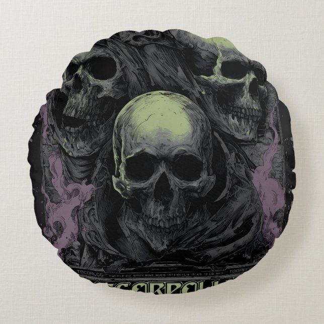 Double the darkness with this striking dual skull  round cushion (Front)