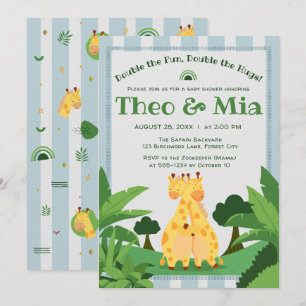 Double The Hugs Cute Giraffe Twins Baby Shower Invitation
