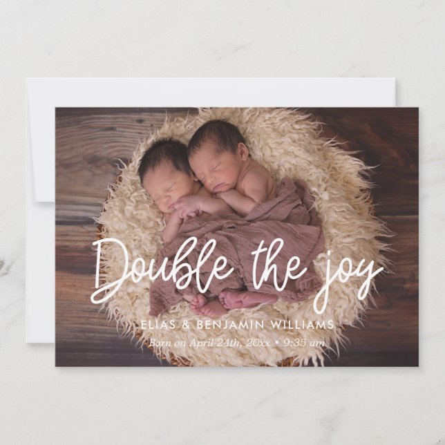 Double the joy twin birth announcement card (Front)