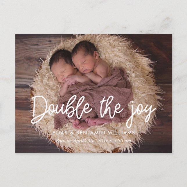 Double the joy twin birth announcement postcard (Front)