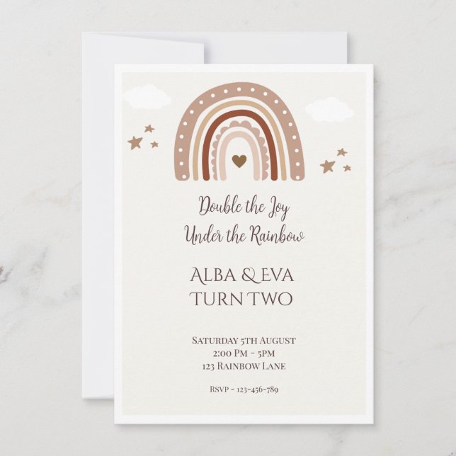 Double the Joy Under the Rainbow – Editable Twin  Card (Front)