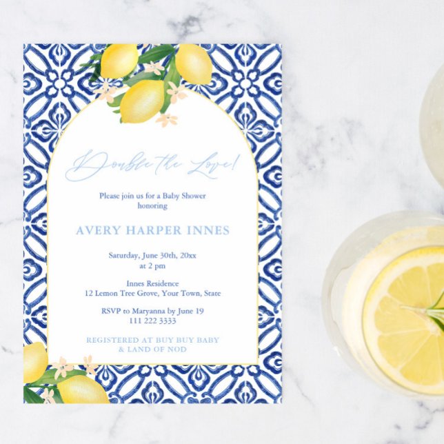 Double The Love Italian Baby Shower For Twin Boys Invitation (Double The Love Italian Lemons Theme Baby Shower Party Invitation to welcome twin boys)