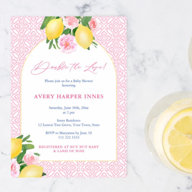 Double The Love Lemons Pink Twin Girls Baby Shower Invitation (Double The Love Italian Lemons With Pink Tiles Baby Shower Invitation For Twin Girls)