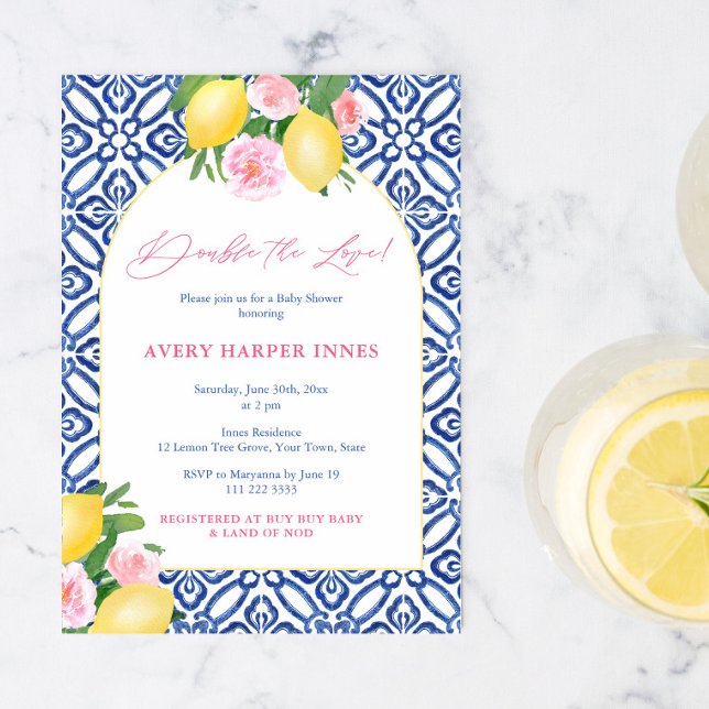Double The Love Positano Lemons Twins Baby Shower Invitation (Arch Shape Double The Love Citrus Vintage Blue Tile Positano Twin Girls Baby Shower Invitation)