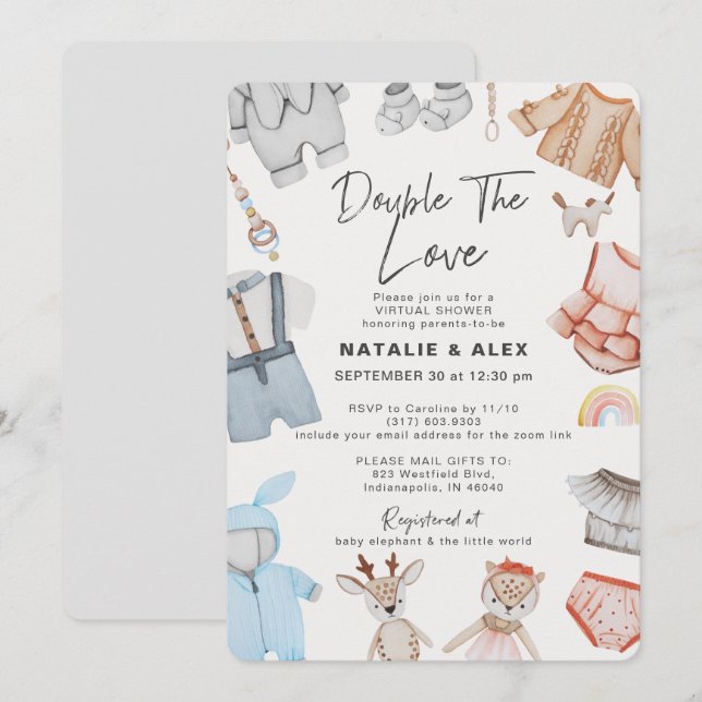 Double the Love Twins Boy Girl Virtual Baby Shower Invitation (Front/Back)