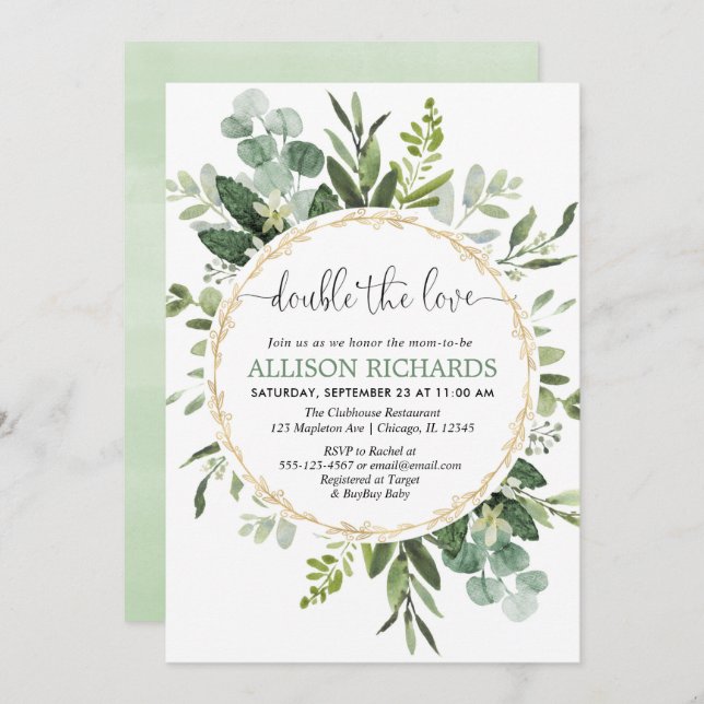Double the love twins gender neutral greenery invitation (Front/Back)