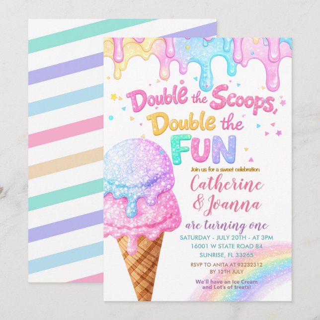 Double the Scoops Birthday ice Cream Glitter Invitation (Front/Back)