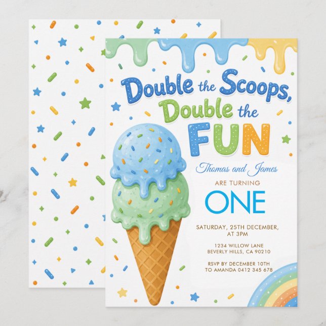 Double the Scoops Double the Fun Boys BIRHTDAY Invitation (Front/Back)