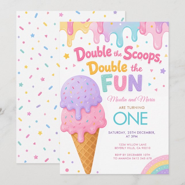 Double the Scoops Double the Fun Twins Birthday Invitation (Front/Back)