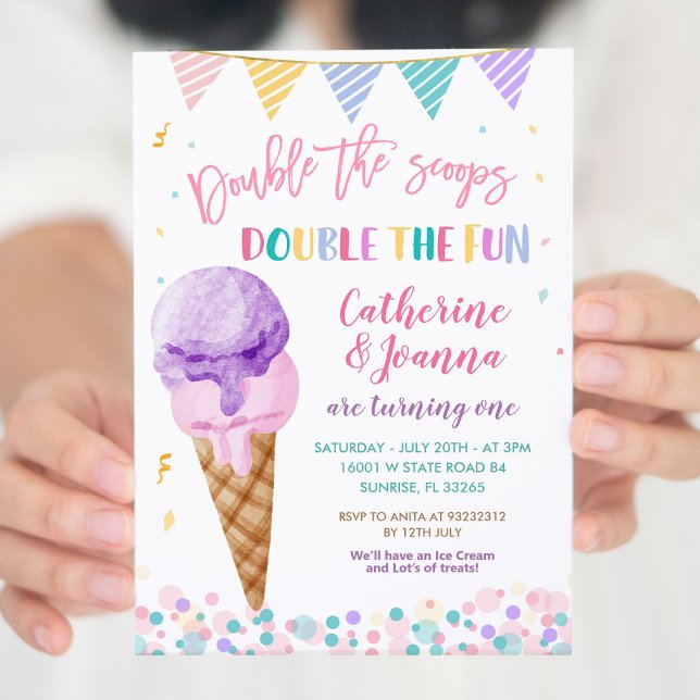 Double the Scoops Twin Birthday Ice Cream Colourfu Invitation (Creator Uploaded)