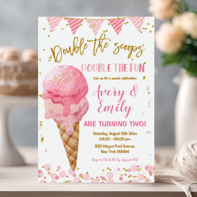 Double The Scoops Twin Siblings Birthday Party Invitation (Creator Uploaded)