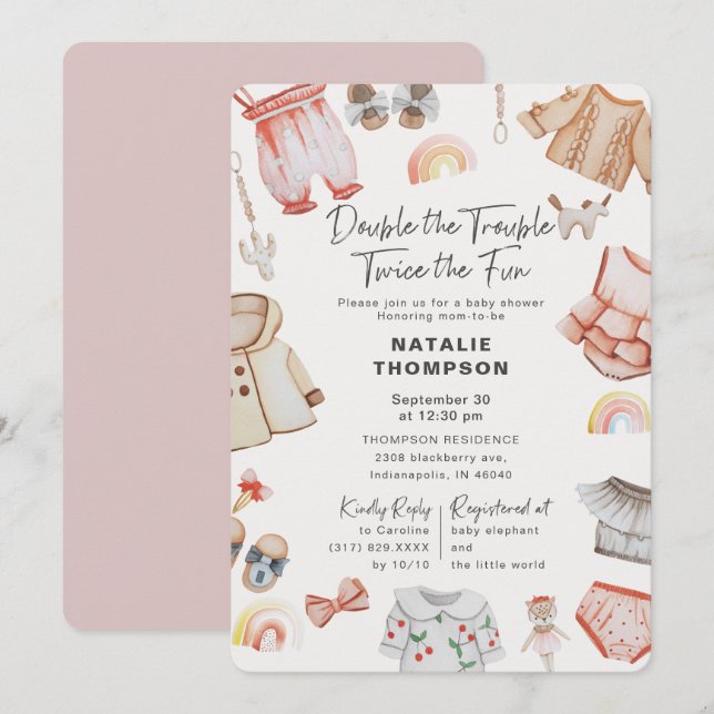 Double The Trouble Girl Twins Pink Baby Shower Invitation (Front/Back)