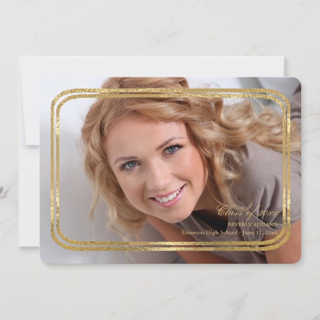Double Thin Gold Frame Photo Graduation Inv Announcement (Front)