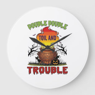 Double Toil Trouble Cauldron Halloween Black Cat P Large Clock