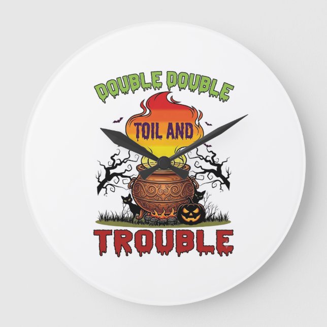 Double Toil Trouble Cauldron Halloween Black Cat P Large Clock (Front)
