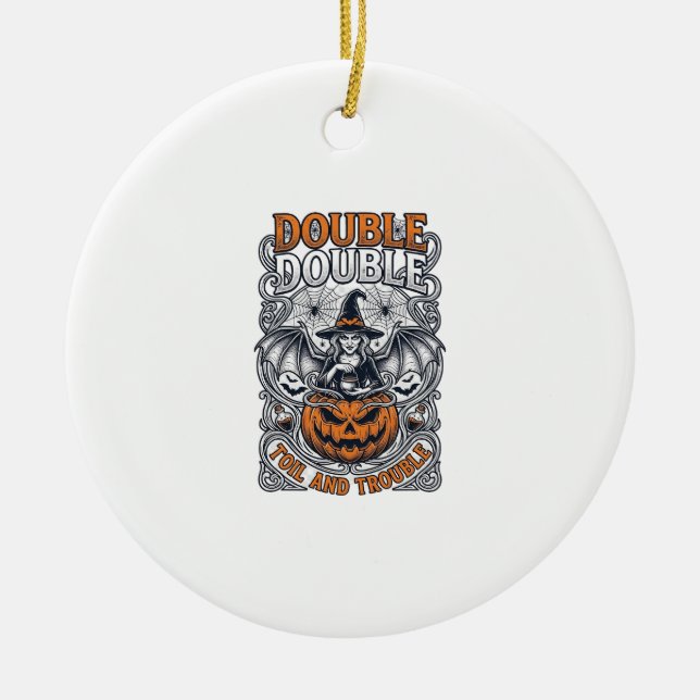 Double Toil Trouble Witch Pumpkin Halloween Cobweb Ceramic Tree Decoration (Front)