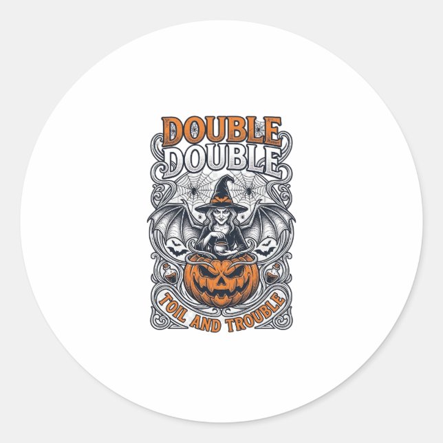 Double Toil Trouble Witch Pumpkin Halloween Cobweb Classic Round Sticker (Front)