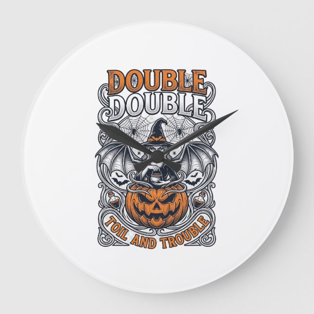 Double Toil Trouble Witch Pumpkin Halloween Cobweb Large Clock (Front)