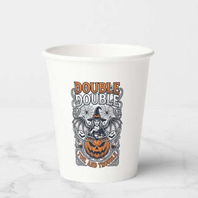 Double Toil Trouble Witch Pumpkin Halloween Cobweb Paper Cups (Front)