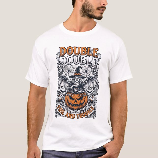 Double Toil Trouble Witch Pumpkin Halloween Cobweb T-Shirt (Front)
