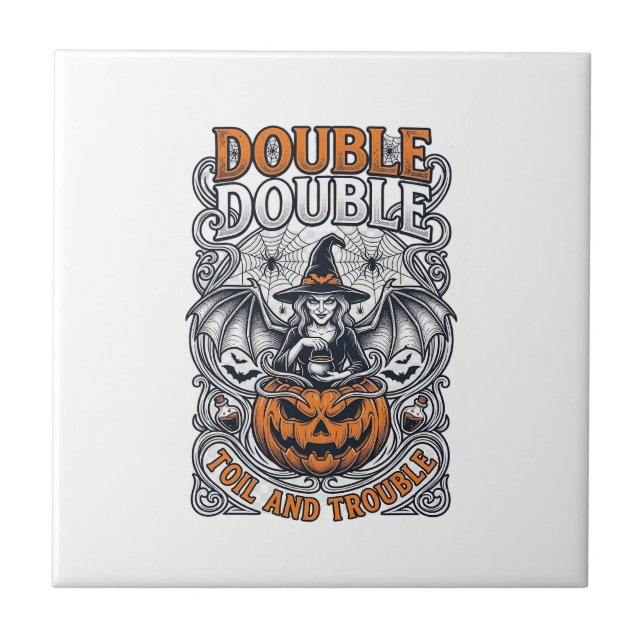 Double Toil Trouble Witch Pumpkin Halloween Cobweb Tile (Front)