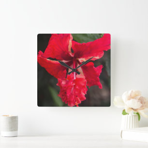 double tropical hibiscus square wall clock