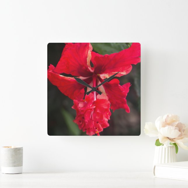double tropical hibiscus square wall clock (Home)