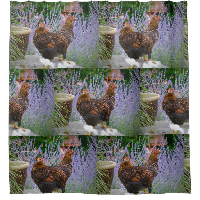 Double Trouble Chickens Shower Curtain (Front)