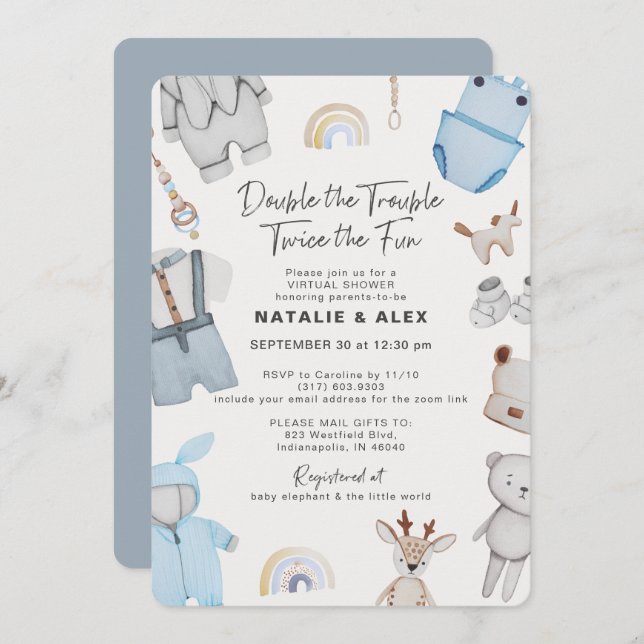 Double Trouble Clothes Twin Boy Virtual Shower Invitation (Front/Back)