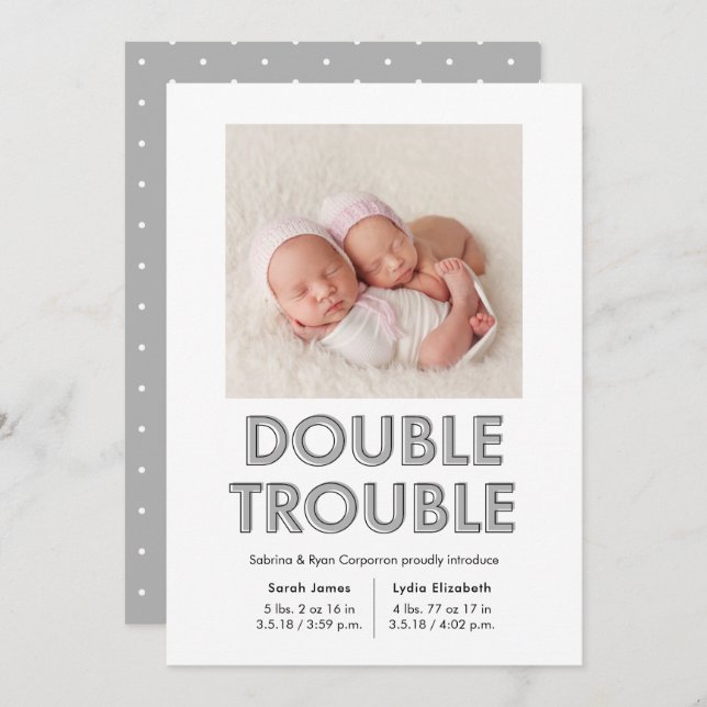 Double Trouble Grey Twins Baby Announcement (Front/Back)